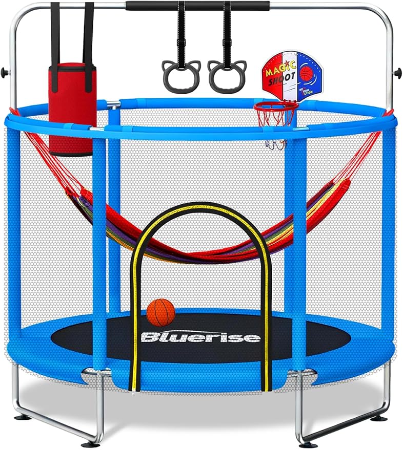 BLUERISE 55IN 6FT Toddler Trampoline for Kids Indoor Outdoor Play for Kids Trampoline Basketball Hoop Attachment with Enclosure Net Easy to Assemble