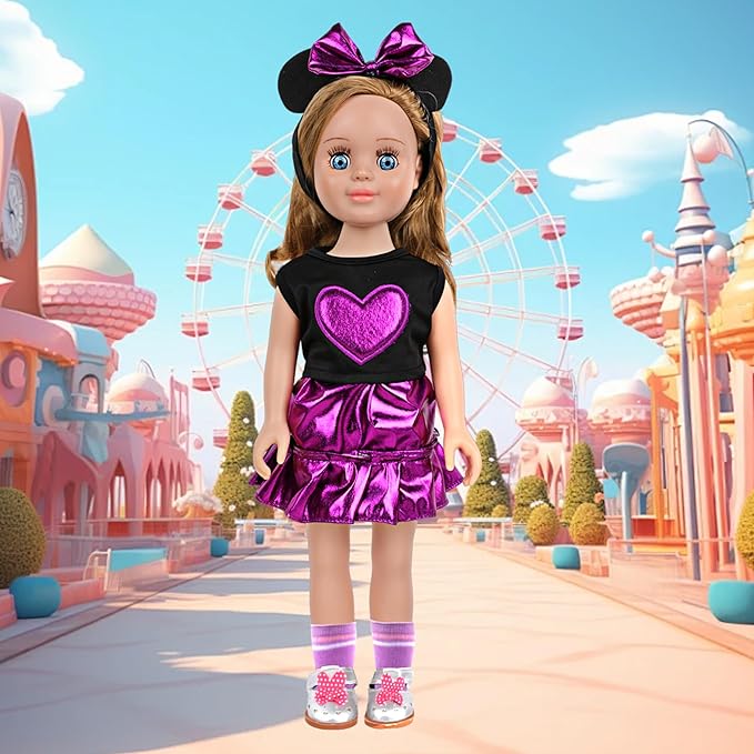 MSYO 18 Inch Doll Clothes & Accessories Set,Black Purple Heart Top & Metallic Purple Skirt Outfit with Mouse Ears Headband,Sunglasses,Socks,Shoes,Bracelet,Fits 16-18 Inch Baby Dolls(Purple)