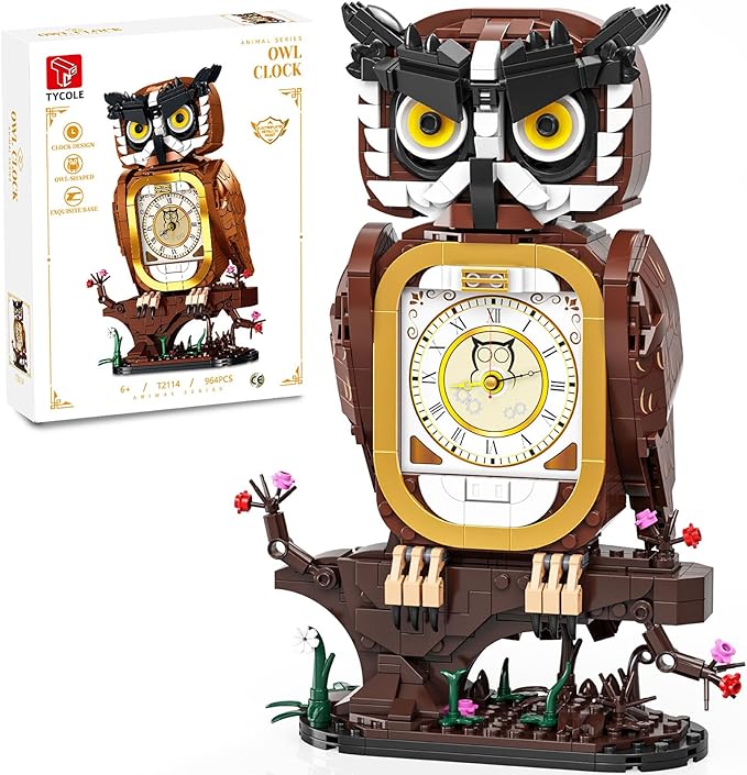 Owl Clock Building Blocks Set, STEM Building Toys with Functional Clock, Collectible Bird Display Model for Home Decor, Christmas Birthday Gift for Adults & Boys 8-14 (964Pcs)