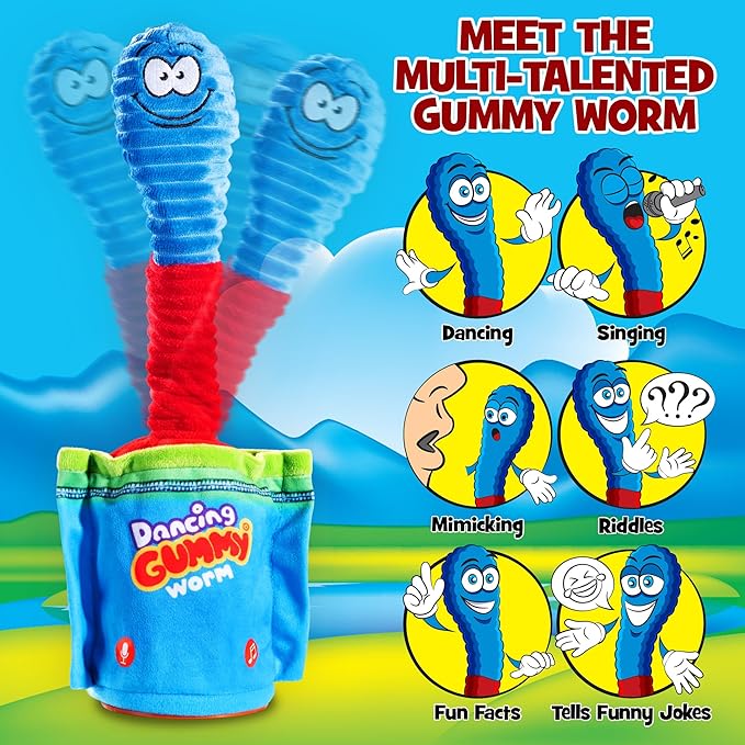 Gagster Dancing Gummy Worm, Interactive Talking & Singing Plush Toy, Lights Up, and Repeats What You Say - Funny Animatronic Toy for Kids, Gag Gift