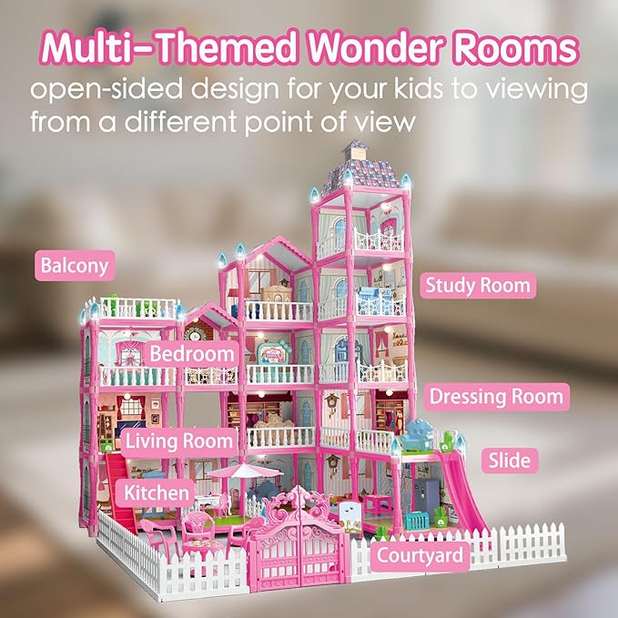 Villa Toys for Girls, 5 Stories 16 Rooms Villa Playset with Dolls, Lights, Furniture, Slide Accessories, DIY Pretend Toddlers House kit for 3 4 5 6 7 8 9 10 Year Old Kids (Pink)