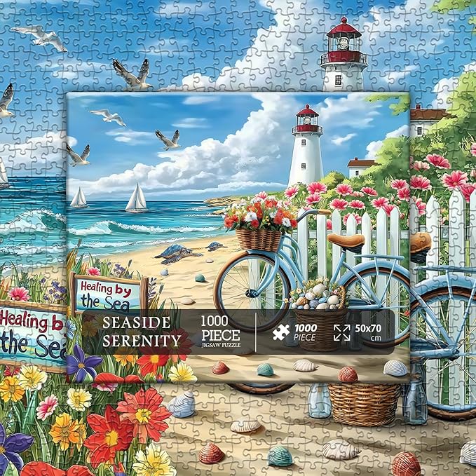 PICKFORU Beach Puzzles for Adults 1000 Pieces, Coastal Lighthouse Puzzle with Flowers Bike Sea Turtle, Nature Summer Ocean Jigsaw Puzzles, Seaside Scenery Challenge for Adults