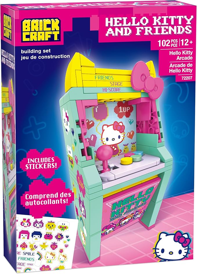 Brickcraft Hello Kitty and Friends Arcade Building Set, 102 PCS Toy Kit for Ages 12+, Retro Video Game Machine Model with Stickers, Cute Collectible Sanrio Gift Idea for Teens & Adults, Xmas Present