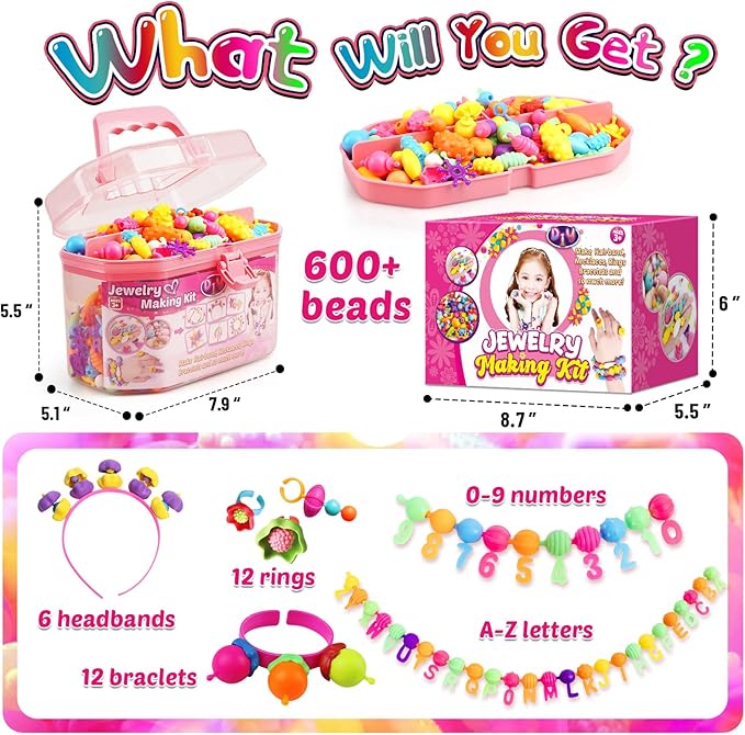 FUNZBO 650pcs Pop Beads - Jewelry Making Kit for 3 4 5 6 7 8 Year Old Little Girls, Arts and Crafts Toys for Kids, Necklace Bracelet Creativity Snap Set, Easter Birthday Gifts for Kids