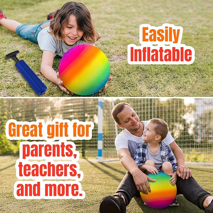 New Bounce Playground Balls for Kids - Set of 2 Rainbow Colored Rubber Bouncing Kick Balls Plus Pump - Regulation Size for Dodgeball and More - Durable, Inflatable 8.5" Game Ball