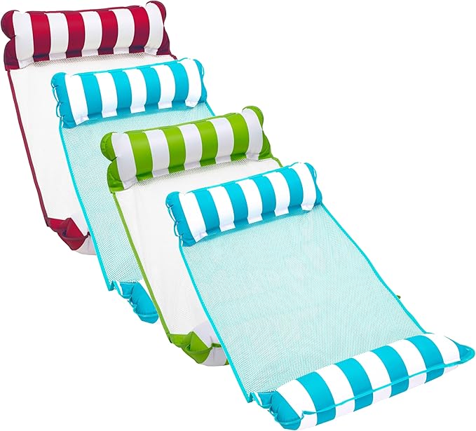 Aqua Monterey Hammock Pool Float - Four Pack - Two Light Blue, One Lime Green and One Burgundy/White Stripe, 4-Pack
