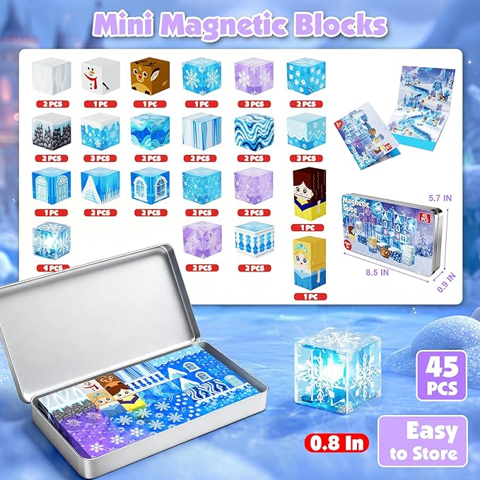 Magnetic Blocks, 45pcs Travel Toys Building Set with Magnetic Tin Box, Transparent & Light Up Magnet Cubes for Blue Snow Castle Build, Princess Toy Birthday Gift for Kid Girl 3+ Easter Basket Stuffers