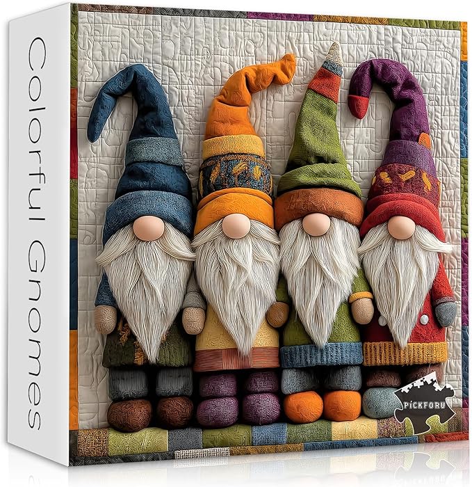Colorful Gnome Puzzles for Adults 1000 Pieces, Quilted Patchwork Art Gnome Jigsaw Puzzle, Funny Unique Challenge for Adults