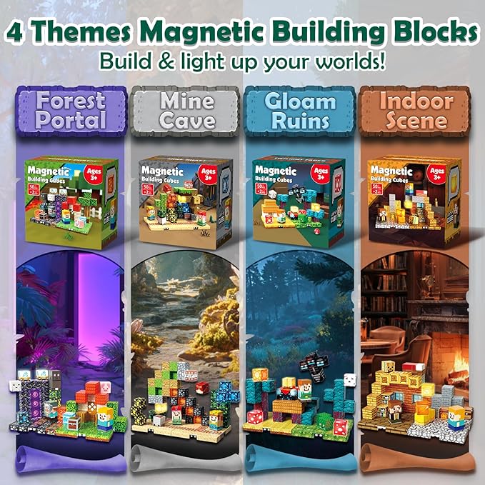 4-in-1 Magnetic Blocks with 24 Light Up Blocks, 200PCS Magnetic Building Blocks with 8 Base Plates, Screen-Free Magnetic Building Cubes Toy, Easter Birthday Gifts for Boys Girls Age 3+