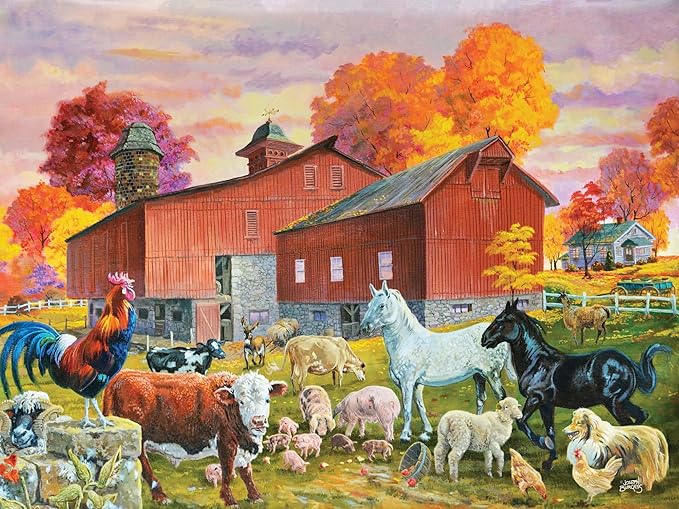 Crown Point Graphics Barn Yard Gathering 500 Piece Puzzle by Joseph Burgess, Soft Touch Farm Animal Country Scene Puzzles, Poster Included