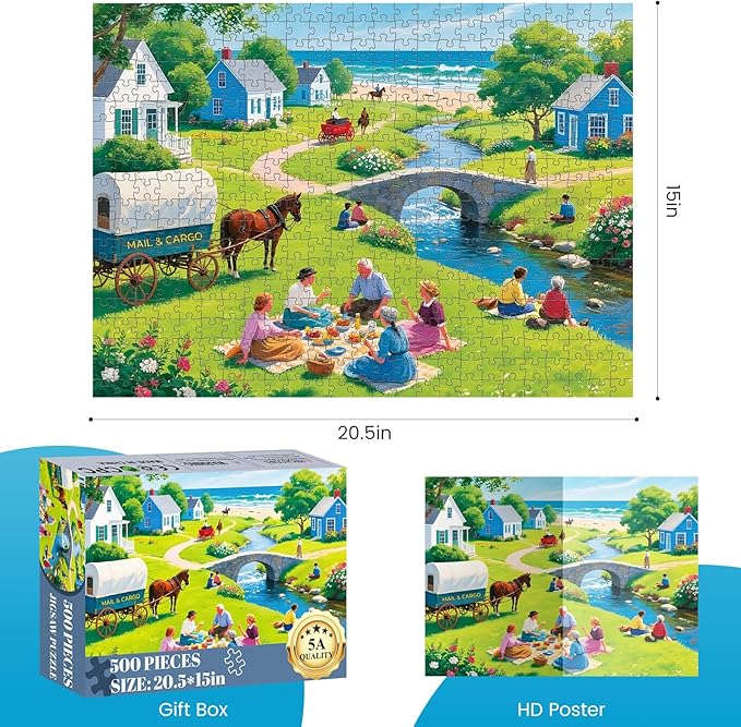 500 Piece Jigsaw Puzzles for Adults, Charming Picnic Jigsaw Puzzles, Vibrant and Relaxing 500 Piece Puzzle, Perfect for Family Time, Home Wall Decor, Great Gift for Adults, Seniors, 20.5 x 15 in