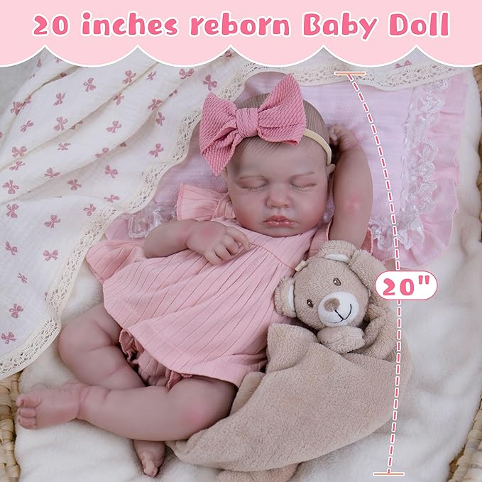 EKOKIZ Realistic Baby Doll, 20-Inch Reborn Baby Doll Girls Soft Cloth Body Newborn Dolls That Look Real, Lovely & Pretty Lifelike Doll with Pink Dress and Toy Accessories for Kids Age 3+