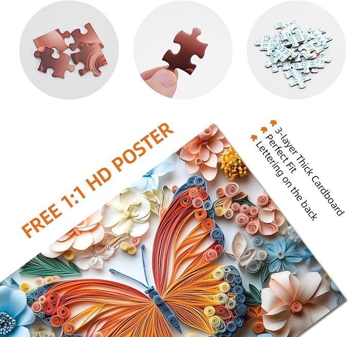 Jigsaw Puzzle 1000 Pieces Quilled Paper Butterfly Puzzle – Enchanted Nature Puzzle, Whimsical 3D Spring Florals, Challenging Adult Wall Art