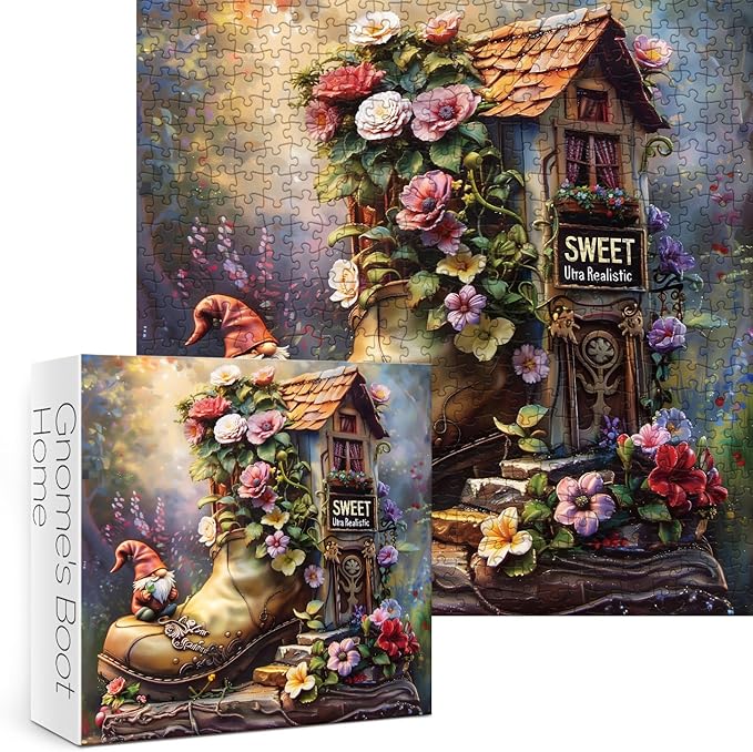 Magic Flower House Gnome Puzzles for Adults 1000 Pieces, Funny Elf Jigsaw Puzzles for Adults, Fantasy Art Nature Puzzles