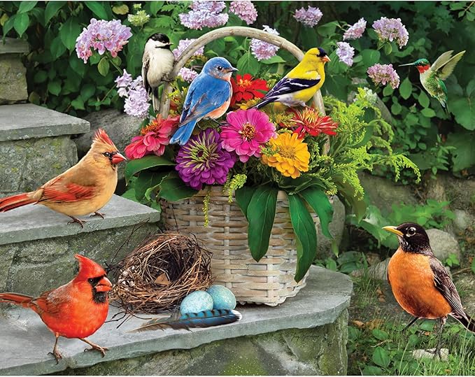 Bits and Pieces 50 Piece Puzzles for Adults 50 Large Pieces 15" x 19" Jigsaw Puzzles, Birds and Flowers, Random Die Cut, No 2 Pieces Alike, Birds on the Porch Steps