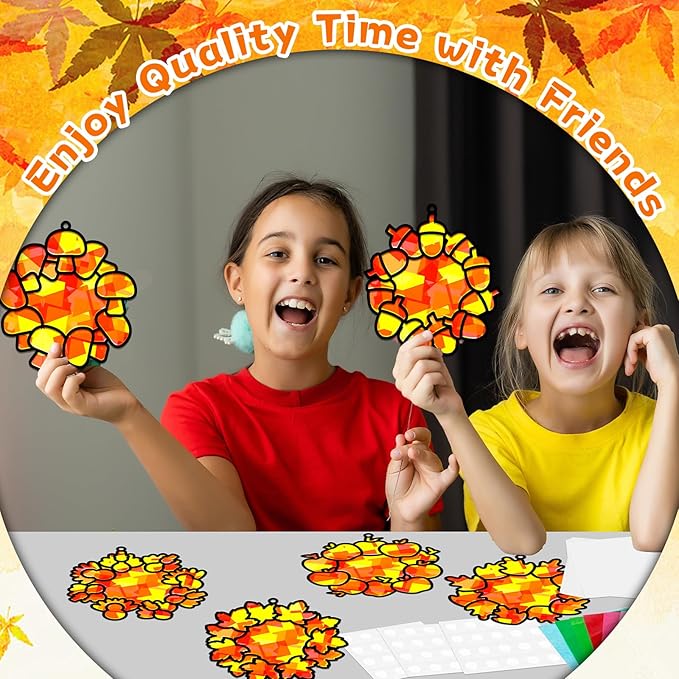 32 Sets Fall Thanksgiving Wreath Suncatchers Craft Kit DIY Window Stained Glass Effect autumn Wreath Paper Crafts Home School Classroom Decoration Kid Birthday Gift Creative Art Project Activity Game