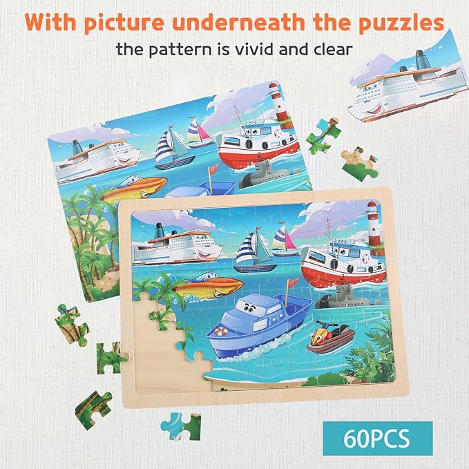 Wooden Puzzles Vehicle Toys for Kids Ages 3-5, Set of 4 Packs with 60-Piece Wood Jigsaw Puzzles, Preschool Educational Brain Teaser Boards for Boys an