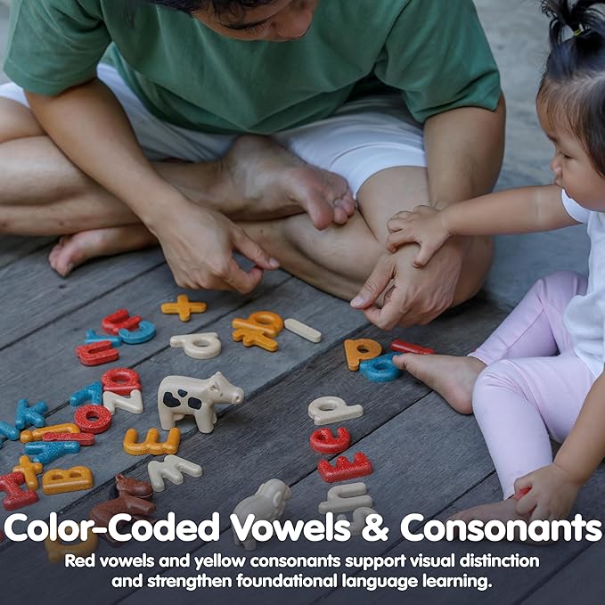 PlanToys® Lower Case Alphabet Wooden Learning Set for Kids Ages 3+ | Montessori Educational Resource for Literacy, Letter Recognition & Spelling | Eco-Friendly Early Language Development Tool
