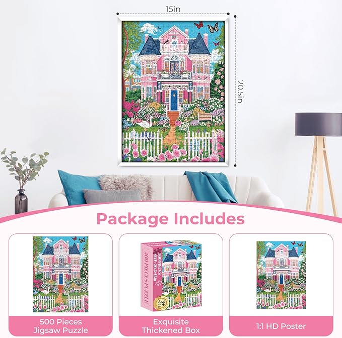 Puzzles for Adults 500 Pieces,Beautiful Manor Puzzle for Adults 500 Pieces,Spring Garden House Jigsaw Puzzles for Seniors, Perfect for Game Nights Giving Puzzles,20.5x15 in