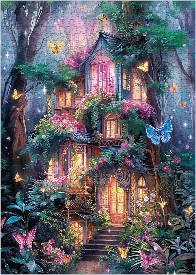 Magical Treehouse Forest Puzzles for Adults 1000 Pieces, Fantasy Plant Flower Jigsaw Puzzle Nature, Butterfly Tree Castle Puzzle