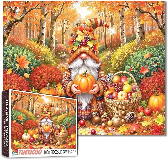 Fall Gnomes Jigsaw Puzzle 1000 Pieces for Adults Autumn Fallen Leaves Puzzle Pumpkin Thanksgiving Puzzle Intellectual Decompressing Fun Family Game Living Room Wall Decoration Gift Travel Toys