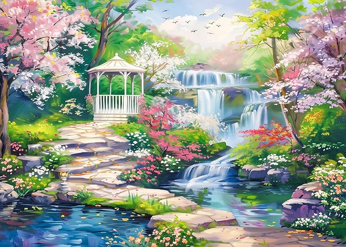 CHengQiSM 1000 Piece Puzzle for Adults, Waterfall Garden Puzzles for Adults 1000 Pieces, Floral Patio Jigsaw Puzzle for Adults Teens Seniors, Premium Thick Cardboard, Finished Size 27.6 x 19.7 inches