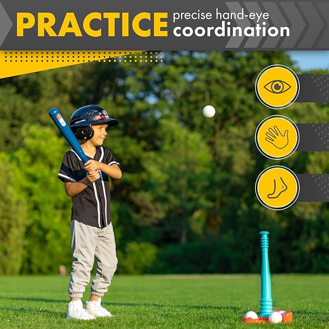 T Ball Stand for Kids and Toddlers 3-5, 5-8. Baseball Set Includes 6 Large Balls, an Adjustable Tball Batting Tee, and a Storage Net. Kids Bat & Teeball, T-Ball Sets for Kids