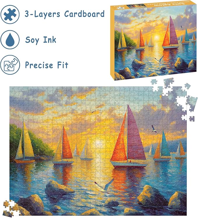 Puzzles for Adults 1000 Pieces, Ocean Sunset Sailing Jigsaw Puzzles 1000 Pieces - Sails Aglow, Summer Decor Impossible Puzzle, Finished Size 27.56 * 19.69", with 1:1 Poster, Letter on The Back