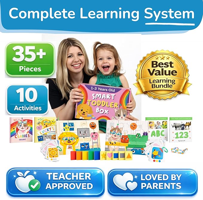 TOYVENTIVE Books, Toddler Flash Cards, and Puzzles – Educational Toys and Birthday Gifts for 1, 2, 3 Year Old Girl, Preschool Learning Activities and Games, Colors, Shapes, Letters, Numbers