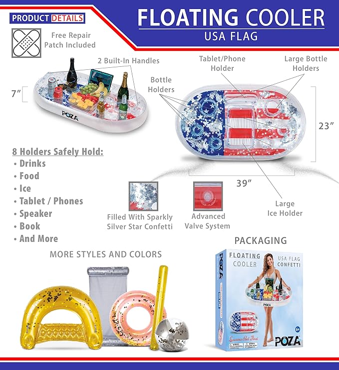 POZA Inflatable USA Pool Float - Luxurious Fun Lounger Filled with Sparkle Silver Stars Confetti, Cool USA Flag Design Water Swimming Pool Floaties for Beach, Lake & Pool