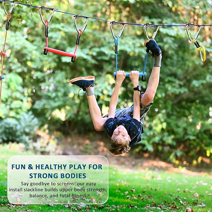 Ninja Warrior Obstacle Course for Kids - 2*56FT Slackline Kit with 8 Obstacles | Upgraded Quick-Install Buckles (No Threading Needed), 900lbs Max Load Backyard Training Gear