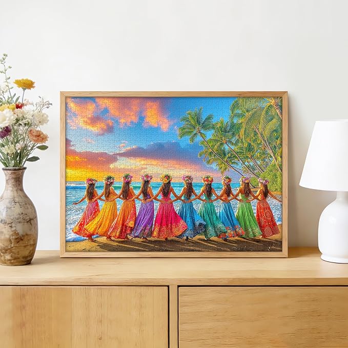 Hawaiian Hula Dancers Sunset 1000 Piece Jigsaw Puzzle for Adults - Tropical Beach Scene with Poster & Lettered Back, 28"x20" Panoramic HD Quality, Unique Gift for Travel & Nature Lovers