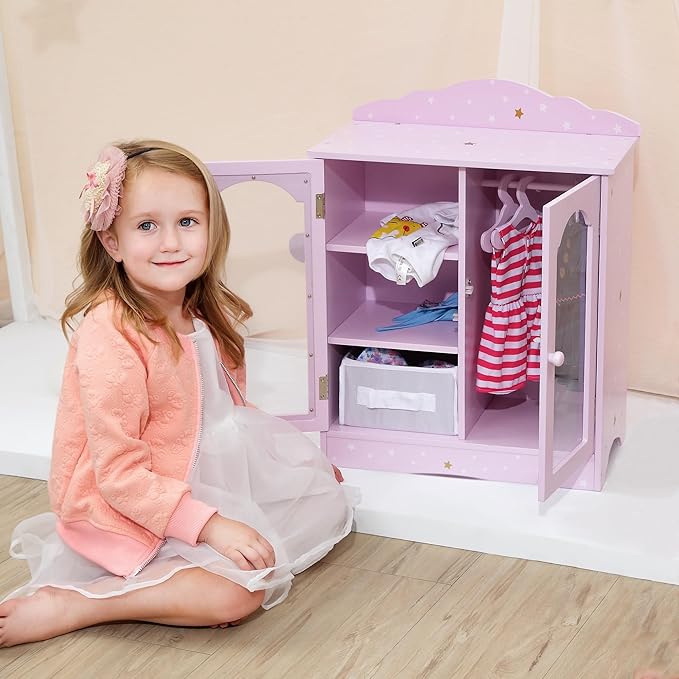 Olivia's Little World Twinkle Stars 18" Doll Closet with 3 Hangers, Shelves, & Canvas Bin, Doll Closet Storage for Accessories & Clothes, Purple