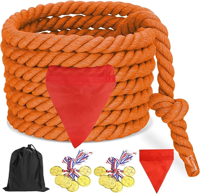 Tug of War Rope 60ft for Kids Adults, Outdoor Field Day Family Reunion Birthday Party Games, Outside Yard Backyard Lawn Camping Picnic Carnival Games for Team Building Activities, Orange