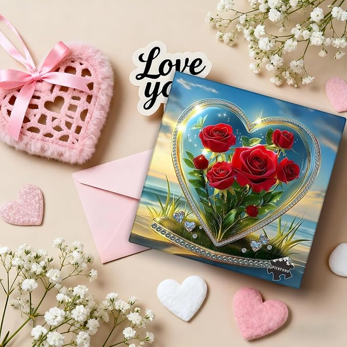 Heart Puzzles for Adults 1000 Pieces, Rose Flower Crystal Beach Romantic Valentine's Day Puzzle, Floral Love Puzzle Ocean Challenge Jigsaw Puzzle