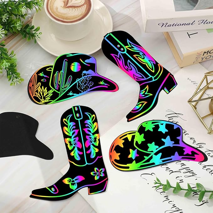 JarThenaAMCS 60 Pcs Western Cowboy Scratch Paper Craft Kits Cowboy Hat Boot Scratch Cards Ornaments with Ribbon & Wood Styluses for Party DIY Crafts Painting Supplies