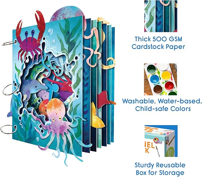 EyeConnect Crafts DIY 3D Tunnel Book Kit – Creative STEAM Art & Craft Set for Kids & Teens, Build, Paint & Make Your Own Book with Posable Interactive Animals & Characters (Ocean)