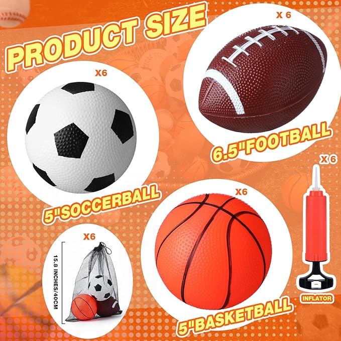 18 Pack Sports Balls for Toddlers Kids Bulk Playground Balls Set 5" Soccer Ball 6.5" Football & 5" Basketball with Hand Pump and Bag Indoor Outdoor Toys Sports Gifts(6 Set)
