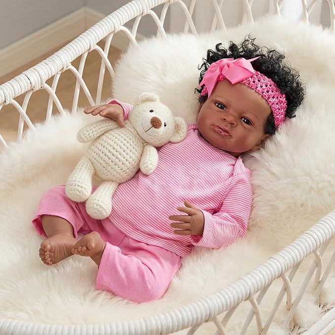 FOCKOF Realistic Reborn Baby Dolls-18 Inch Black Realistic Baby Doll Girls Soft Cloth Body Reborn Baby with Gift Box for Kids Age 3+