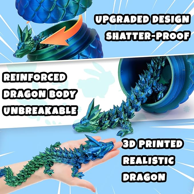 12 in 3D Printed Dragon Egg - Easter Basket Essentials Stuffers, Prefilled Easter Egg Filled with Toy for Kid Boys, Crystal Articulated Dragon Fidget Toys (Laser Green)