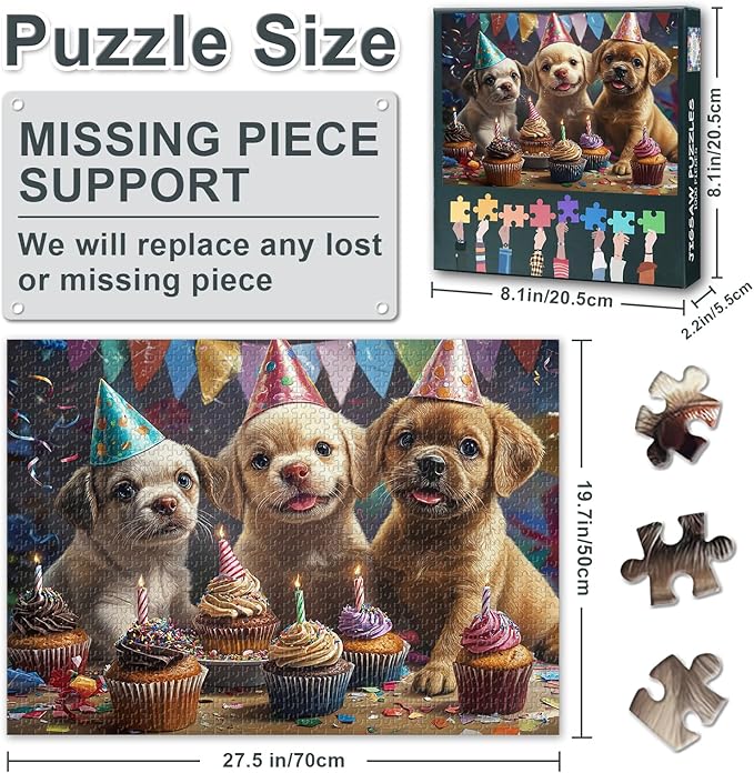 Jigsaw Puzzle 1000 Pieces for Adults, Three Adorable Puppies Adult Jigsaw Puzzles, Puppies Celebrating a Birthday Intellectual 1000 Piece Jigsaw Puzzle, Finished Size 19.5 x 27.5 Inch