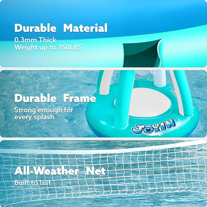 JOYIN Inflatable Pool Float Set Volleyball Net & Basketball Hoops, Floating Swimming Game Toy for Kids and Adults, Summer Floaties, Volleyball Court (105”x28”x35”)|Basketball (27”x23”x27”),L-Blue
