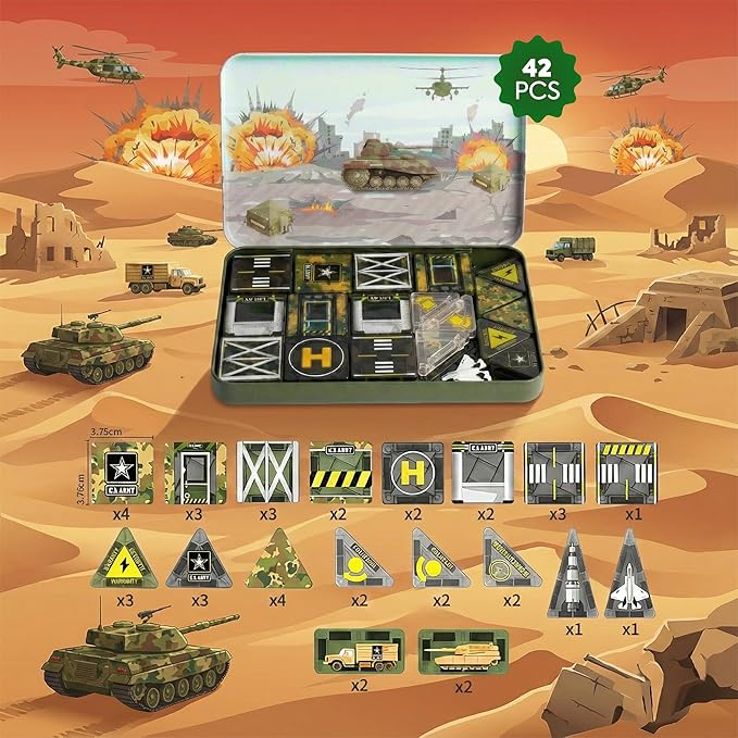 42PCS Mini Magnetic Tiles Army Base Travel Set with Iron Box STEM Educational Military Building Blocks Magnetic Construction Toy for Kids Ages 3 to 8 Creative Gift for Boys and Girls