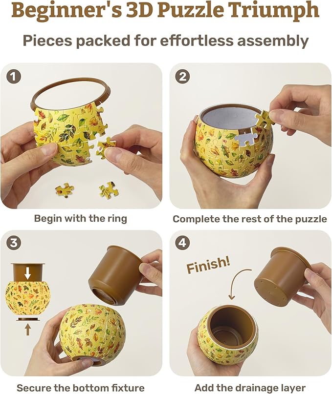 PieceRelax 3D Puzzle Planter - Oriental Floral Ornament - Small Round Plant Pots with Drainage, for Mom, Home Decor Flower Pots for Indoor Cactus, Succulents Pots [K1101]