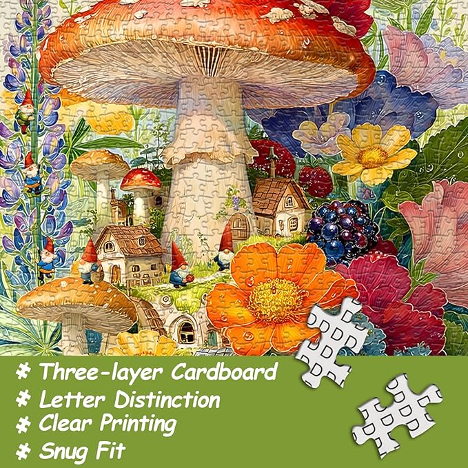 Gnome Mushroom Puzzles for Adults 1000 Pieces, Colorful Magical Floral Garden Village Jigsaw Puzzle, Fantasy Gnome House Flower Fruits Puzzle, Spring Nature Plant Challenging for Adults