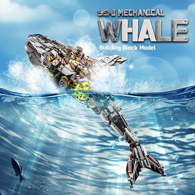 Mechanical Whale Building Set, Sea Animal Building Block Toy, Movable Ocean Animal with Display Stand, Home Decor Gift for Adults Teens（1388PCS）