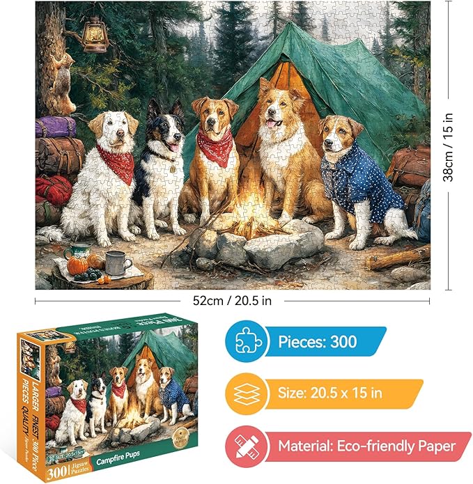 300 Piece Puzzles for Adults Large Piece, Dogs Forest Campfire Camping Jigsaw Puzzle, Funny Gift for Adult Kids, Challenging Puzzle Perfect for Game Nights, 20.5 X 15 in