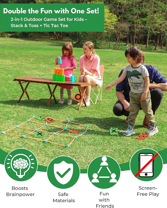 2-in-1 Giant Tic Tac Toe and Can Toss Game - Outdoor Games for Kids & Family, Backyard and Indoor Party Game Set with Bean Bags & Storage Bag