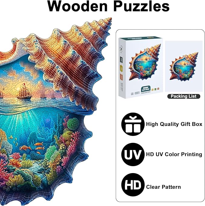 Wooden Puzzles for Adults, 210 Pieces Unique Seashell Shaped Wooden Jigsaw Puzzle, 3D Underwater & Sea Surface Pattern Wood Puzzle, Easter Gift for Mom, for Adult Puzzle Lovers