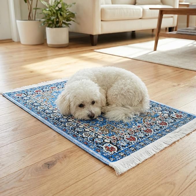 Dollhouse Rug 2 PCS Miniature Dollhouse Accessories 1:12 Scale Vintage Doll House Rugs Woven Mini Rug for Dollhouses Furniture Blue & Yellow Floral Print Carpet for Doll House Floor Decor